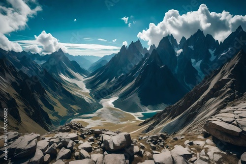 A panoramic view of mountainous terrain, its peaks reaching for the azure sky.