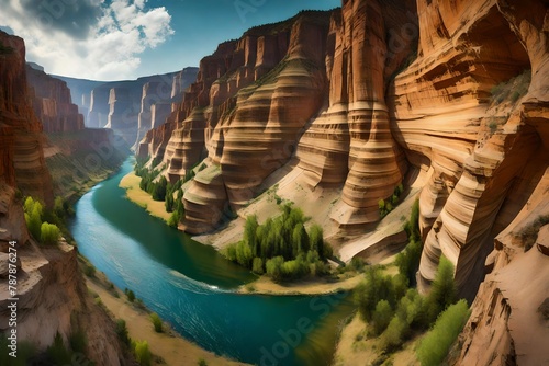 A river cutting through a panoramic canyon, a testimony to the shaping force of summer waters.