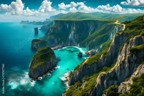 A coastal panorama, where cliffs meet the azure sea under the clear summer heavens.
