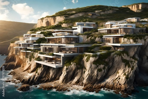 A coastal village nestled against cliffs, a panoramic retreat under the summer sun.