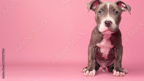  A brown-and-white dog sits before a pink backdrop, sporting a shocked expression