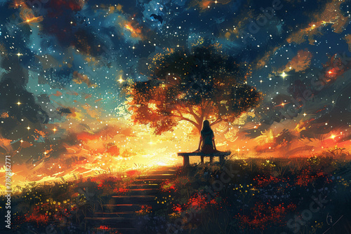 Fantasy illustration with beautiful sky, stars. girl is sitting on a bench under an tree and looking at the sunset, cute landscape. Painting. floral meadow and stairs