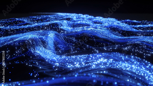 Dynamic sapphire blue light swarms on pitch-black canvas.