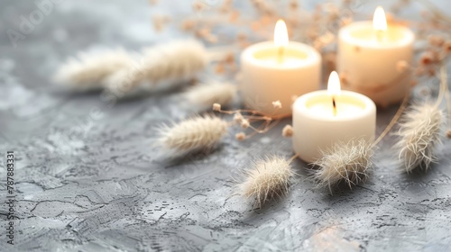  A trio of candles atop a table Nearby, a cluster of dry grass and a single plant