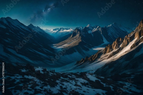 Endless mountain ranges, their panoramic beauty unfolding under a starry night.