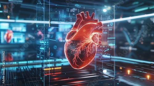 Human heart anatomy on cardiac hospital background, futuristic background