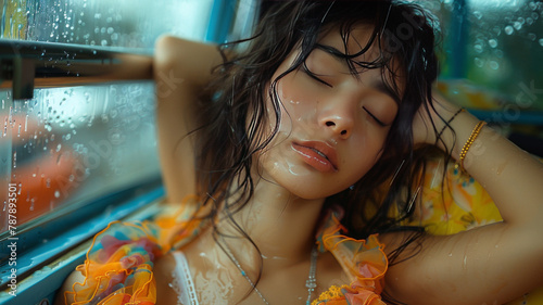 beautiful young girl sleeping in a Carvan, large glass frame, short clothes,generative ai