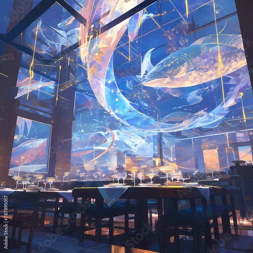 Luxurious Oceanside Dining Experience Featuring Spectacular Marine Artwork