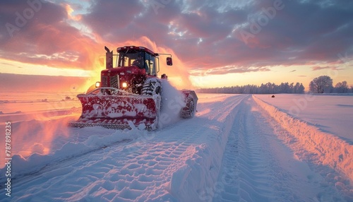 A snow plow drives on snowcovered road under sunset sky