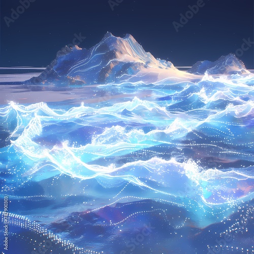 A mystical and alluring image of shimmering waves in a frozen archipelago under the northern lights. This enchanting scene captures the essence of the Arctic's serene beauty.