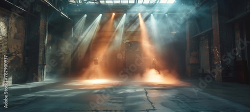 Epic scene of stage with spotlight and smoke, empty concert hall or dance club interior background