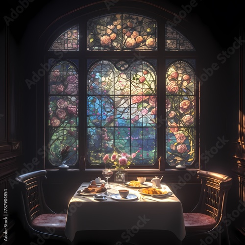 Step into a quaint tea room with an inviting window table adorned by a stained glass masterpiece.
