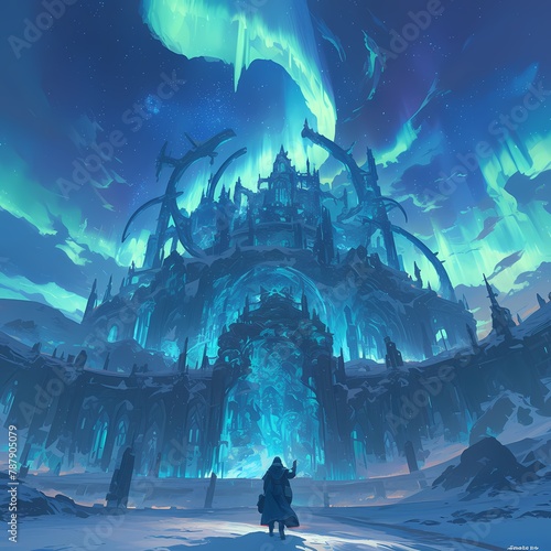 A majestic castle illuminated by the glow of auroras in an icy landscape at night.