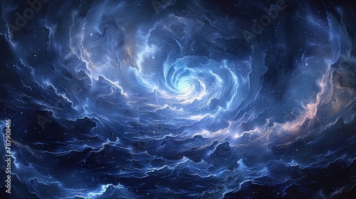Sapphire swirl amidst a mystic maelstrom, celestial dance of water and light 