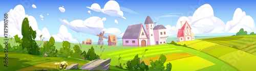 Countryside farm field and house vector background. Rural village scene with green farmland, summer grass hill and beautiful valley scenery. Plantation, windmill, bush and country exterior design