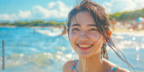 beautiful asian girl smiling wearing summer dress on a beach.