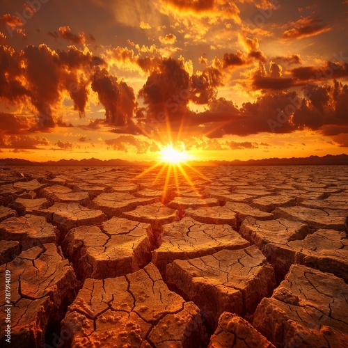 A cracked desert floor with a setting sun in the background