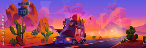 Broken down car with luggage on roof and smoke coming from under open hood standing on road in desert with cactus and rock hills on sunset or sunrise. Cartoon evening landscape with vehicle breakdown.