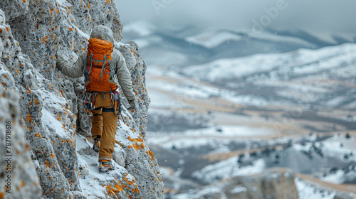 Man Climbing Snow Covered Mountain