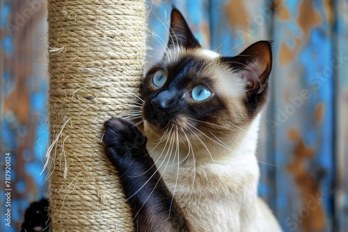 Siamese cat using scratching post