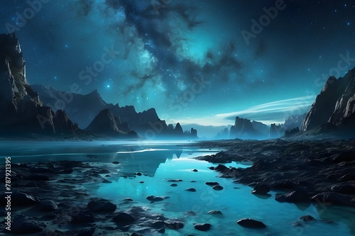 The terrain had the appearance of a planet with a wide, starry sky. The turquoise waters reflected an atmosphere of darkness and electric blue.