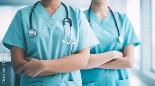 Two hospital staffs surgeon, doctor or nurse standing with arms crossed and with stethoscope, hospital background, doctor staff service concept, healthcare concept. 