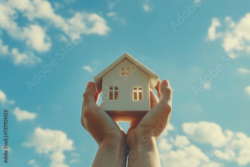 Hands and house model, new home, clear sky background, copy space.