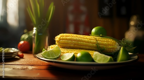 A plate of Mexican corn on the cobb with limes