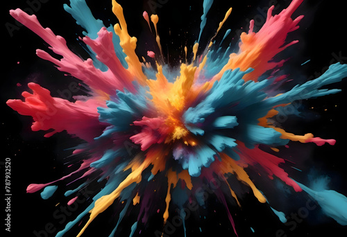 Verschiedene leuchtende Farben breiten sich explosionsartig in einem dunklen Raum aus. Abstrakte, lebendige Abbildung von unterschiedlichen Farben in Bewegung vor einem schwarzen Hintergrund.