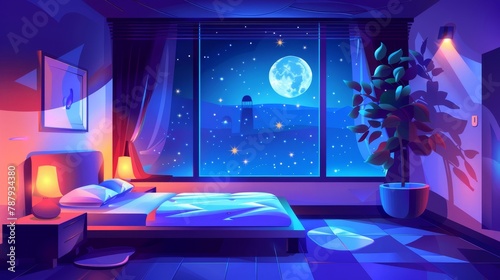 Night time bedroom interior with window and moon view. Stars are seen in dark sky above bed in romantic apartment balcony construction cartoon. Relax in hotel loggia place with plant pot and enjoy