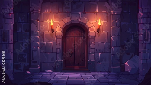 Dark ancient fantasy palace corridor interior illustration underground scene. A castle dungeon brick wall cartoon background. A tower indoor doorway to knock with torch fire light.