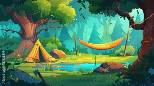 Cartoon adventure illustration with tree silhouette, ax and hammock to rest in hiking holiday. Grill picnic recreation in summer's wild hills.