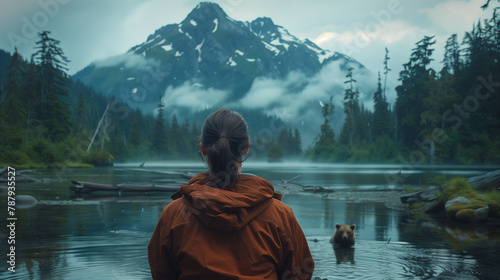 portrait of a woman observing a group of grizzly bears fishing for fish in a remote wilderness area