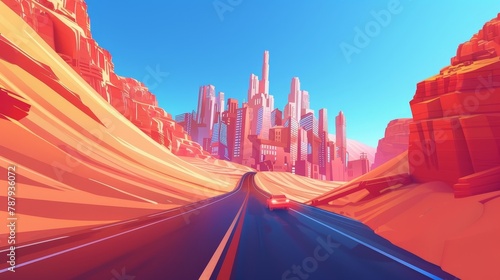 Urban cityscape view and asphalt highway on hill, usa skyscraper downtown, futuristic modern background. Modern speedway for car traffic, sand canyon panorama background.