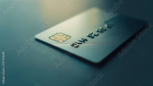 Close-up view of a blue credit card on a reflective surface with dramatic lighting