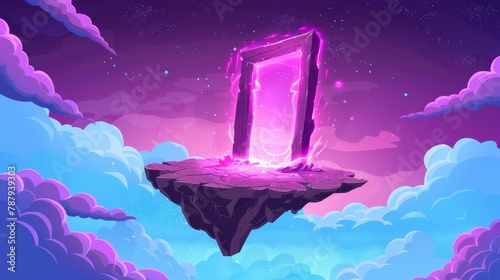 Pink magic portal with floating island in sky cartoon modern background. Teleport door to another dimension, world or time. Travel plasma hole flying in cloud on rock illustration.
