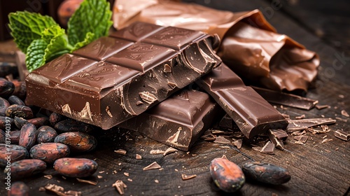 Gourmet chocolate bar partially unwrapped, lying on dark wood with cocoa beans and mint leaves