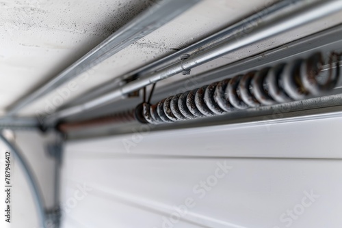 White garage with broken spring from overhead door Lifespan or material failure