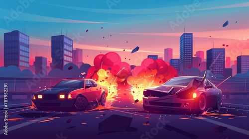Two crashed cars after a collision on a highway against a cityscape background, with smoke and fire under a damaged hood, broken glass, and insurance logos. Cartoon illustration of two damaged cars