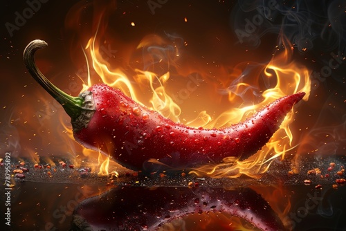 Engulfed in flames, this red chili pepper symbolizes intense heat, adding drama to the concept of spice