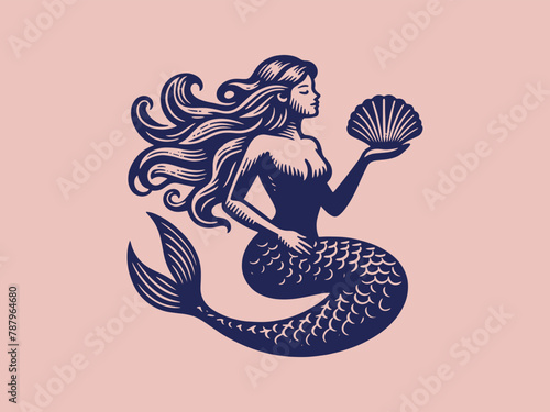 Beautiful mermaid holding a shell in her hands. Vintage retro engraving illustration. Black icon, isolated element 