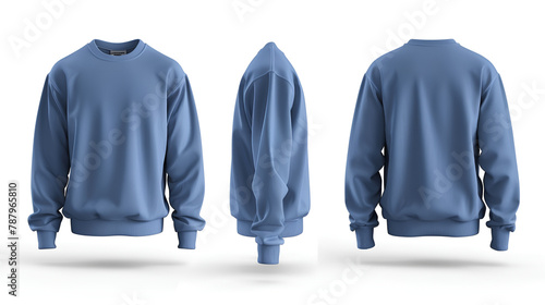 front and back view of blue sweatshirt templates isolated on white background 