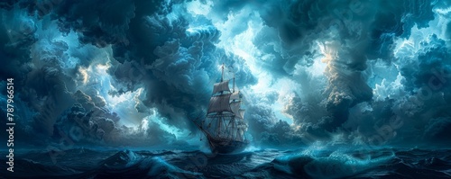 Gloomy, dense clouds shrouding an old wooden ship at sea, sails billowing, crew bracing for a rough night