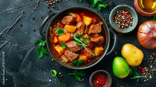 Traditional Hungarian goulash - beef meat stewed with potatoes, carrots, onions, spices on a dark background, top view.