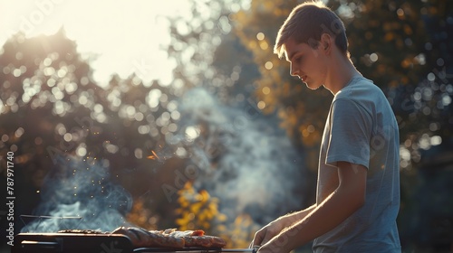 A man enjoys grilling an assortment of meats on a barbecue in a lush garden setting, capturing the essence of summer.