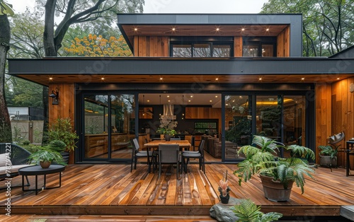 Modern Backyard Patio with Wooden Deck and Glass Walls