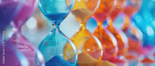 Colorful hourglasses with sand trickling, concept of passing time.