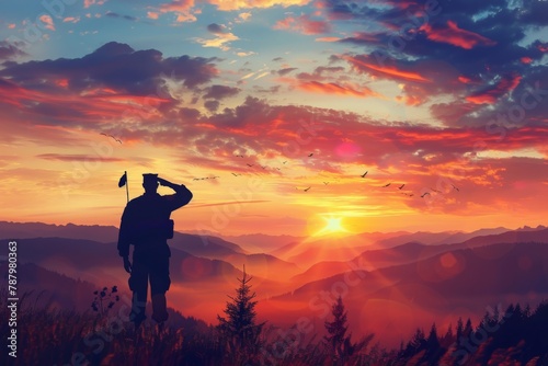 Silhouette of a soldier saluting near the flag with a sunset sky background and mountain landscape, an intricately detailed photo-realistic banner. The flag features three stars in the