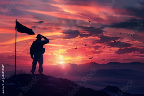 Silhouette of a soldier saluting near the flag with a sunset sky background and mountain landscape, an intricately detailed photo-realistic banner. The flag features three stars in the