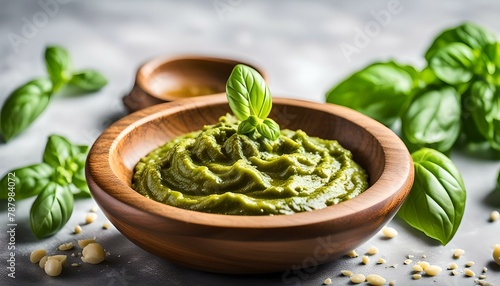 Traditional italian sauce pesto with green basil in wooden bowl isolated on white background 
